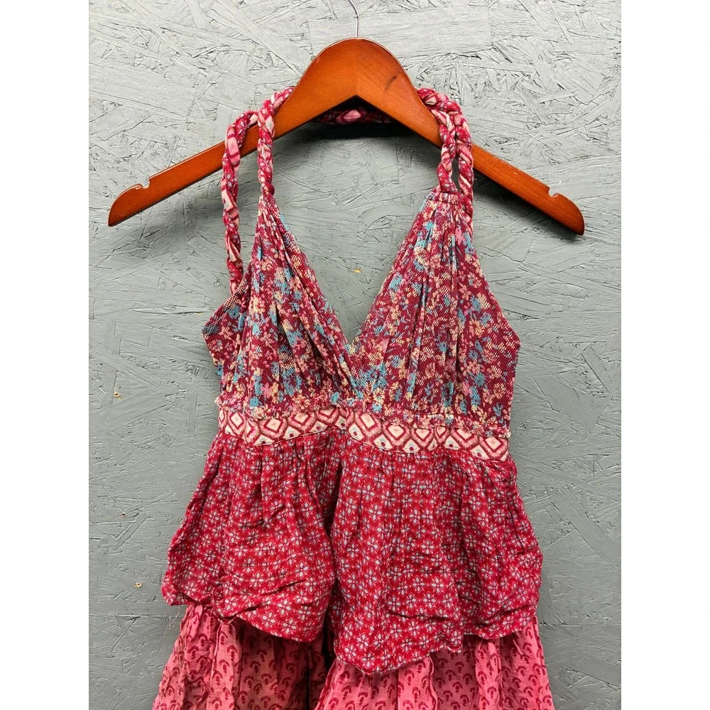 Zara Boho Tiered Floral Halter Maxi Dress Womens S Red Pink Mixed Print NWT - Picture 2 of 10